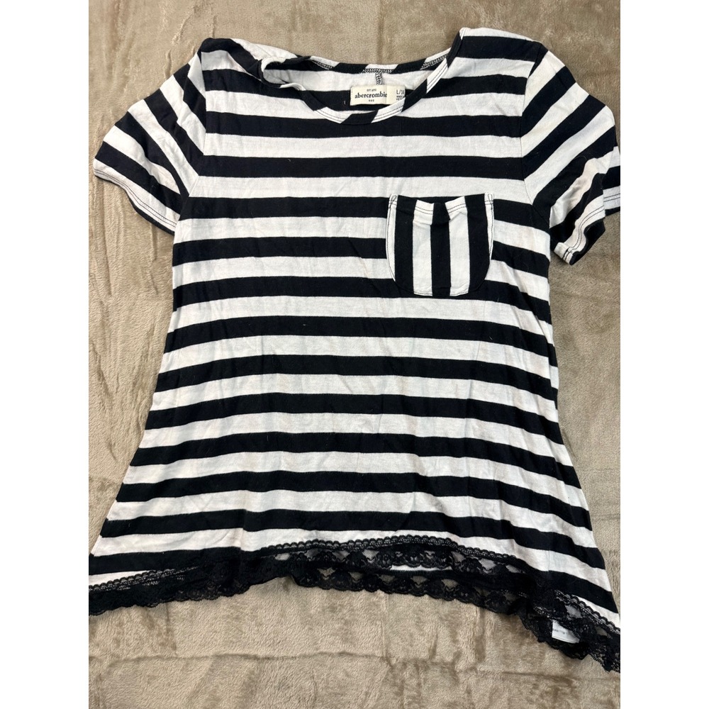 Abercrombie Kids Girls Black White Striped Lace Trim Pocket T-Shirt Size L 14